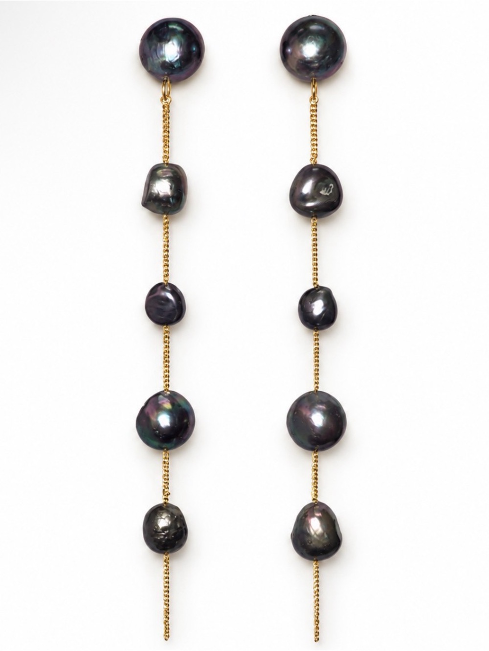 Atum Freshwater Pearl Drop Chain Earrings - Black Pearls on Brushed Brass